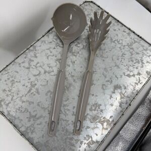Vintage EKCO USA Kitchen Utensil Set Taupe Gray Ladle and Pasta Server 2pc